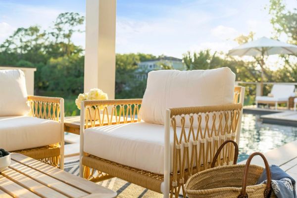 HC Luxury Nantucket Chair Tan woven outdoor chair with white cushion