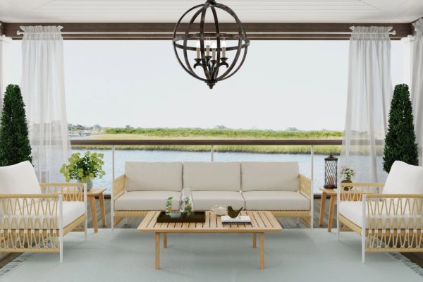 HC Luxury Nantucket Sofa Outdoor sofa with woven frame and white cushions
