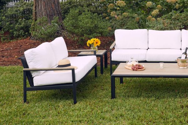 HC Luxury Savannah Loveseat Black outdoor loveseat with white cushions
