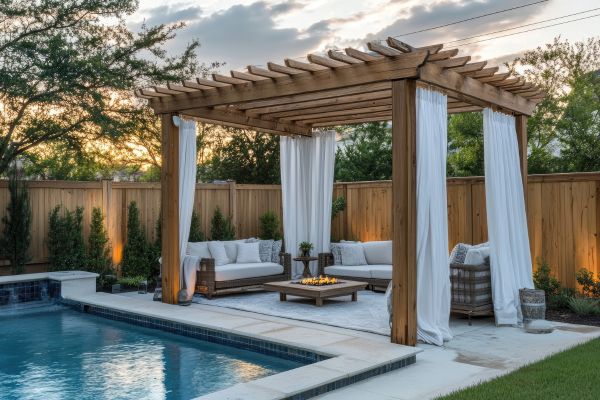 Poolside Pergola with Curtains Wooden pergola with white outdoor curtains and patio furniture underneath