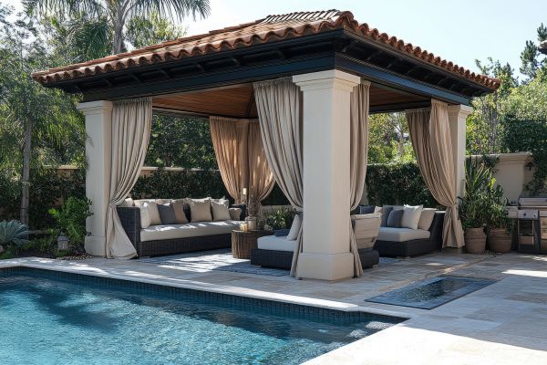Poolside Gazebo with Curtains Poolside gazebo with tan curtains and outdoor furniture underneath