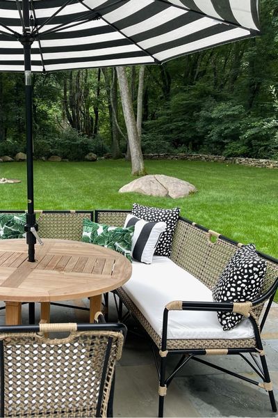 Backyard Patio with Umbrella Black and white themed patio with patio furniture and umbrella
