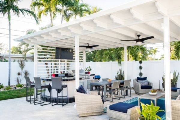 Classico Renaissance Pergola white pergola with ceiling fans and outdoor furniture underneath