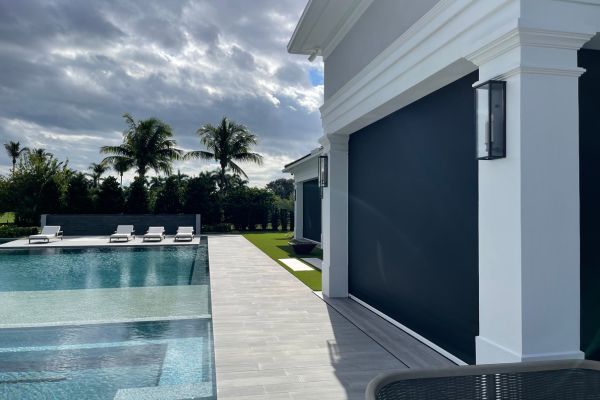 Black Motorized Shade Screen poolside black motorized shade screen